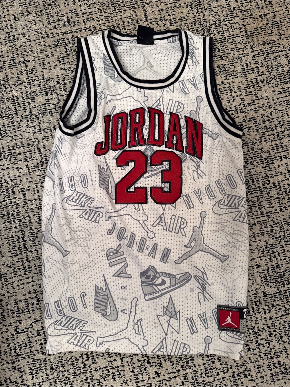 Jordan White Mesh 23 Basketball Jersey with Red & Black Details